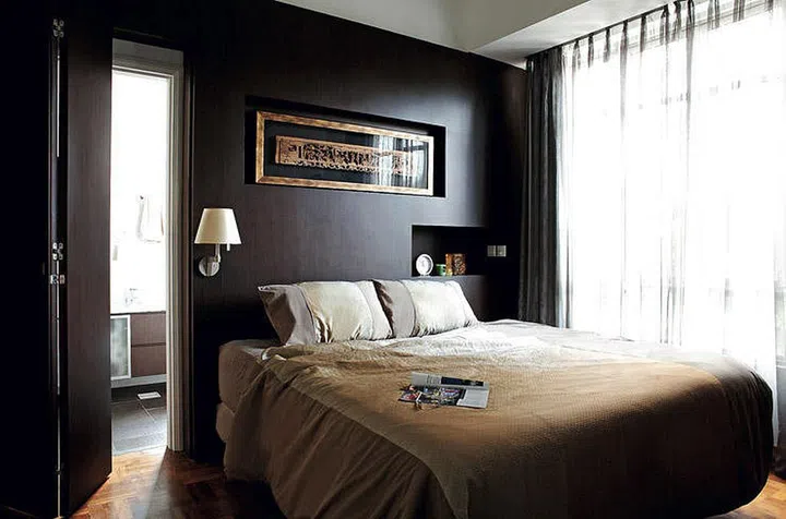 Master bedroom in a 1,227 sq ft modern oriental 3-bedroom condominium in Pine Grove.