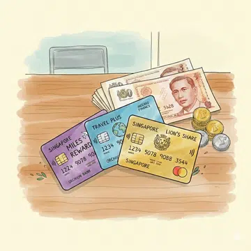 A drawing illustration of a few miles credit cards on a table next to Singapore dollar cash.