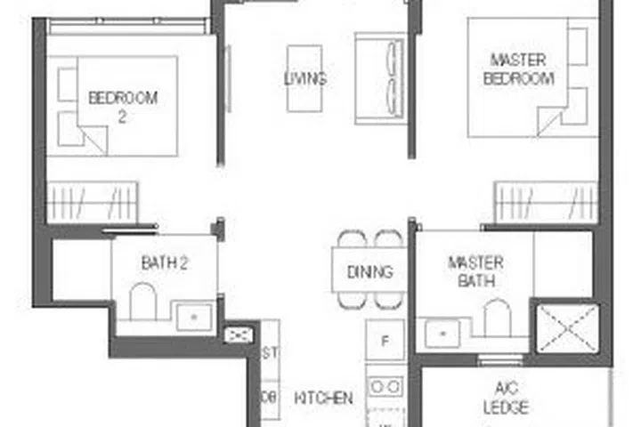 Sora condo floor plan for 2-bedroom deluxe (type B1) spanning 60 sqm.