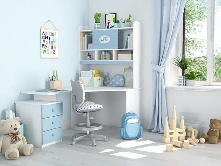 Baby blue theme study room design for kids