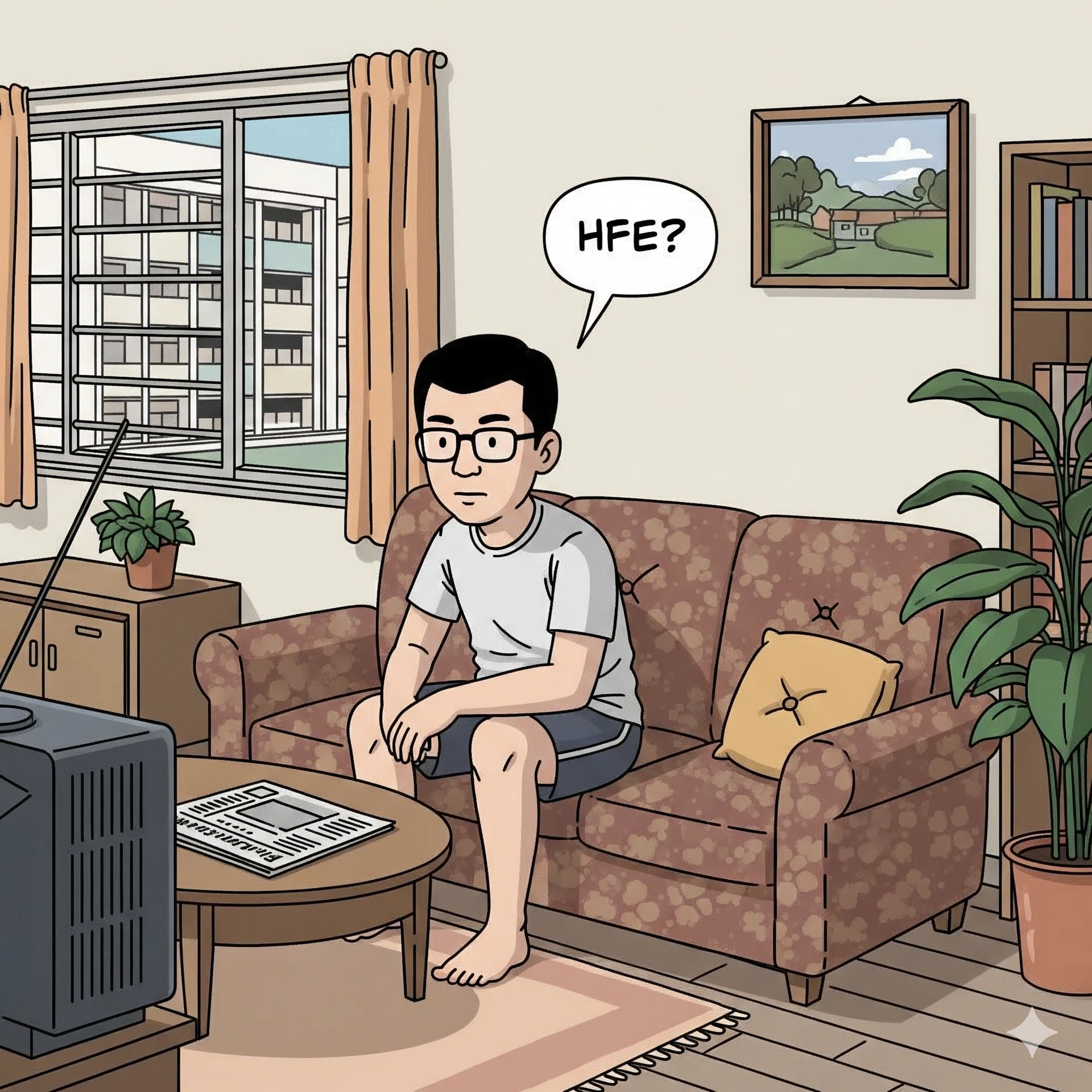 A cartoon drawing of a Singaporean man seated in an older HDB living room with a speech bubble that says “HFE?”.