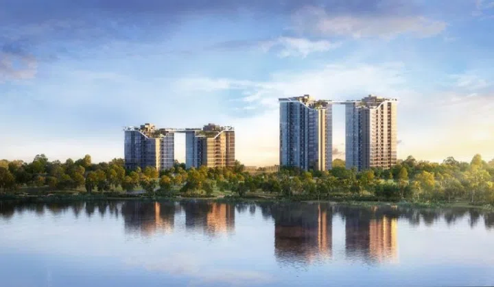 Artist's impression of the Sora condo, aerial view from Jurong Lake Gardens.