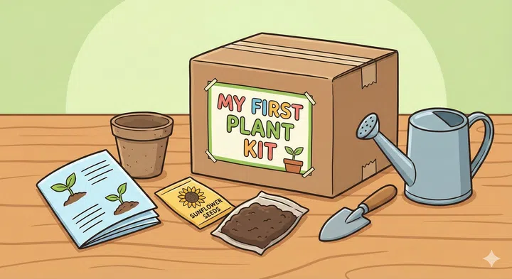 A cartoon drawing of a DIY grow your own plant kit.