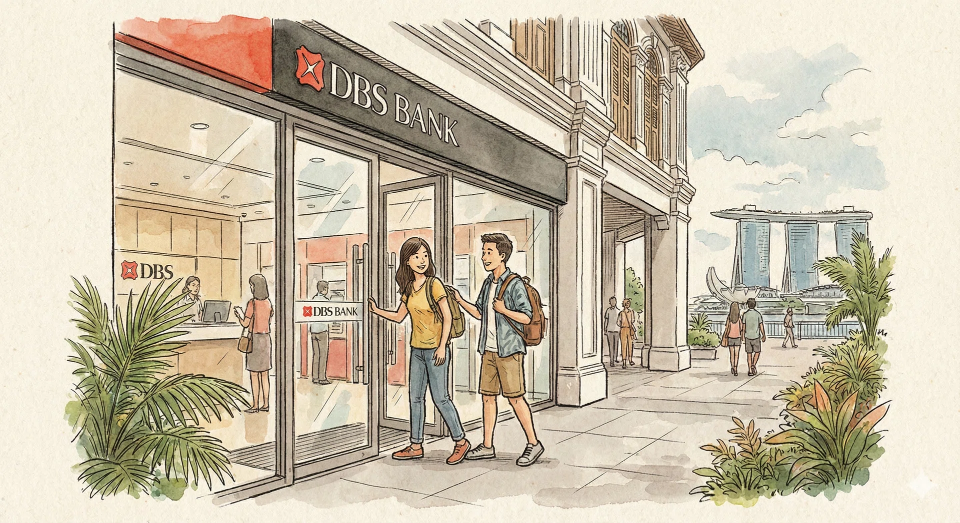 A drawing illustration of a young couple entering a DBS Singapore bank.