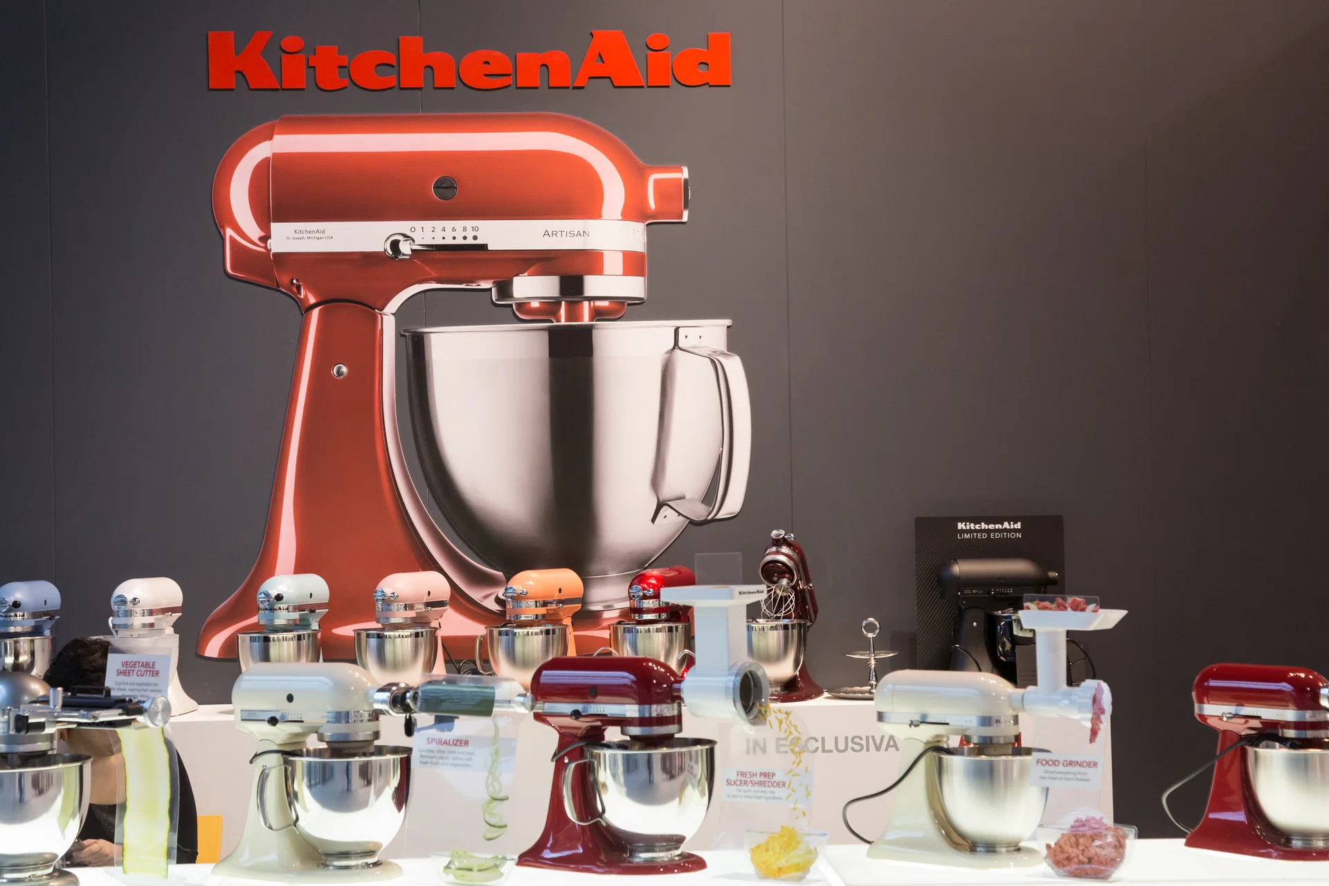 MILAN, ITALY - JANUARY 26: KitchenAid stand mixers on display at HOMI, home international show and point of reference for all those in the sector of interior design on JANUARY 26, 2018 in Milan.