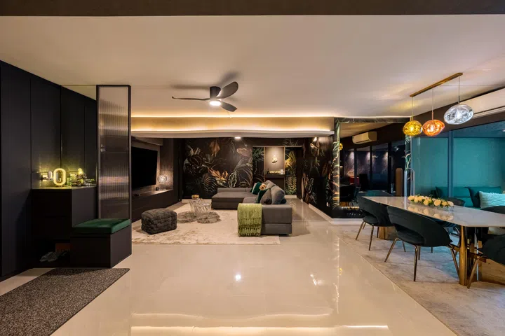 Wallpapers line the living room in a home in 220 Pasir Ris St 21, designed by Angelyn Wong of Rezt+Relax.