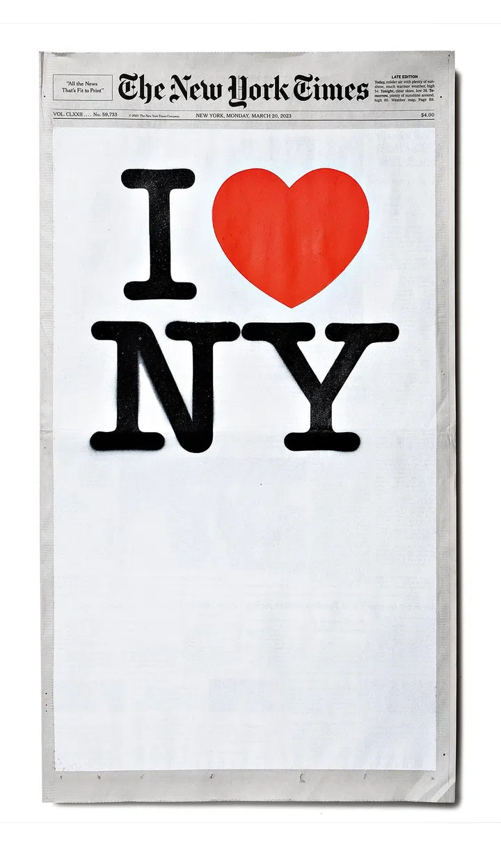 Sho Shibuya.
WE ❤️ NYC
Monday, March
20, 2023. 305 x
559 mm / 12 x
22 in.
Acrylic & Spray
Paint. The
Partnership
for New York
City, a private
business and
tourism group,
reveals a new
logo. It receives
widespread
critique.