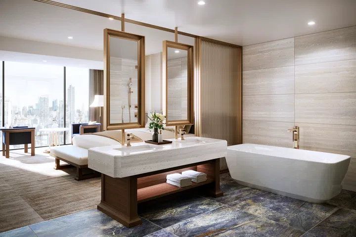 The GC Series: Bonshō (梵鐘) faucet featured in a luxury hotel bathroom.