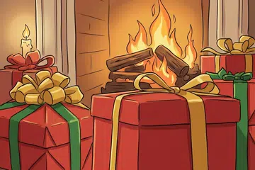 A cartoon image of Christmas presents in front of a fireplace. 