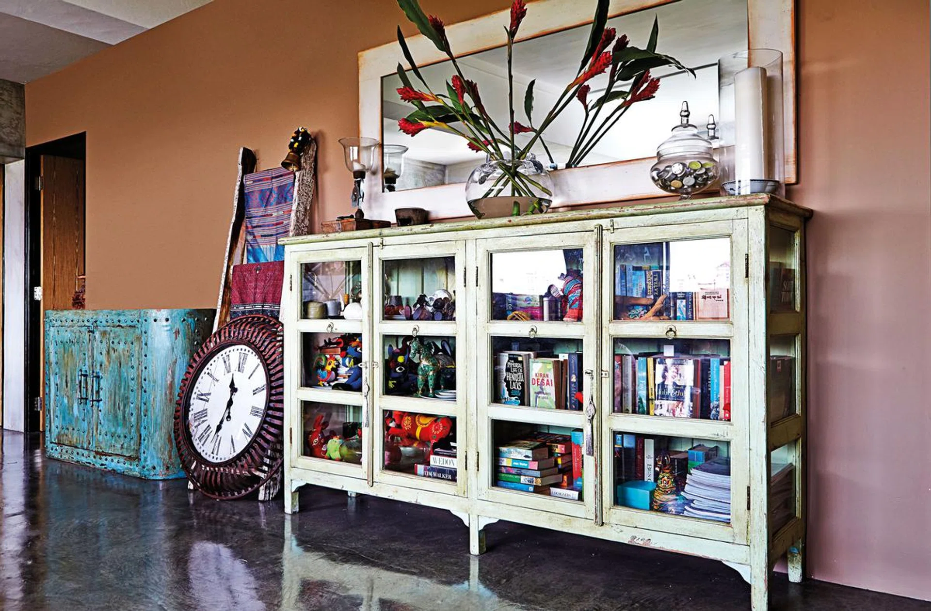 eclectic, vibrant, restored shelves, clutter, maximalism