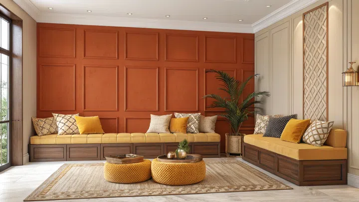 Set a calming mood in the living room with earthy, warm tones. 