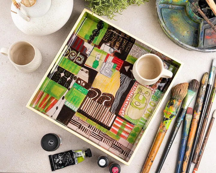 A tray with his artwork, Pro Op.