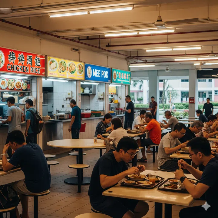 AI image of Singaporeans eating in a food court in Ang Mo Kio.
