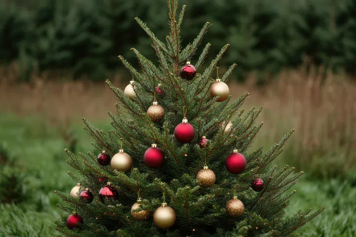 Lush green christmas tree decorated with shiny red and gold christmas baubles, adding a festive touch to the holiday season