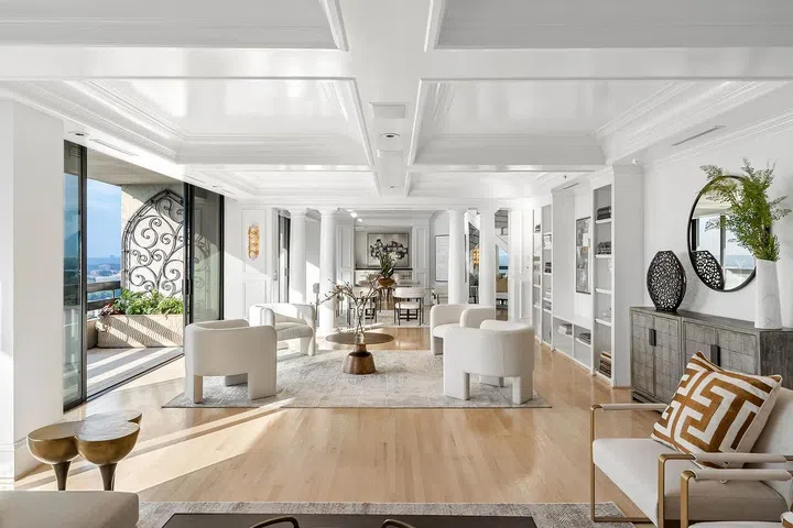 The two-story salon is a grand space for entertaining.