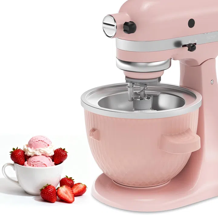 Ice Cream Maker Attachment for KitchenAid Stand Mixer, Ice Cream Bowl Fit for 4.5QT/ 5QT/ 6QT KitchenAid Stand Mixer, 2 Quart Sorbet Gelato Maker, Light Pink