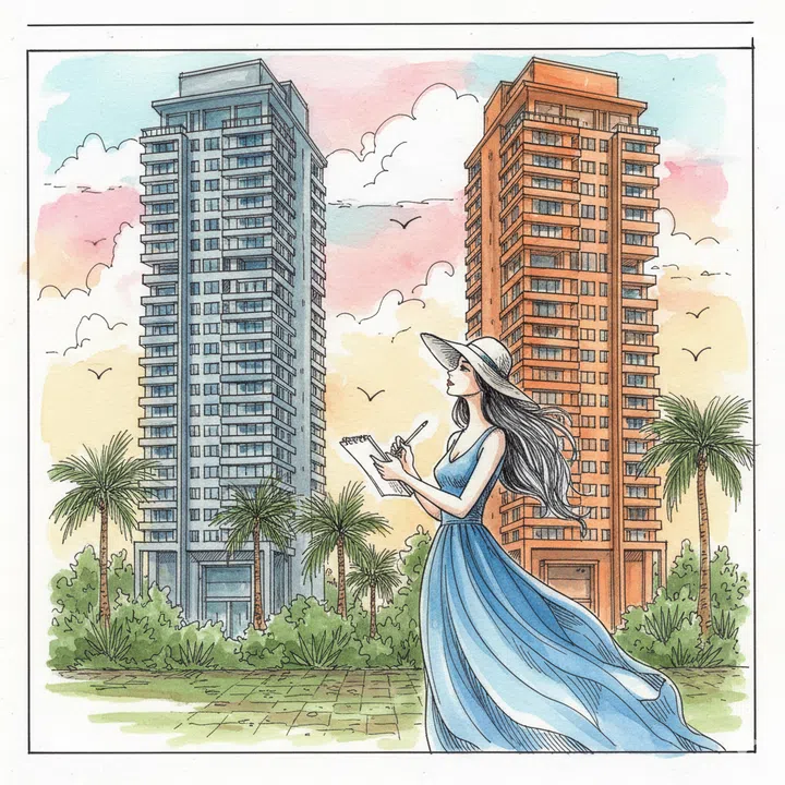 A drawing illustration of a woman standing in front of two condominium buildings.