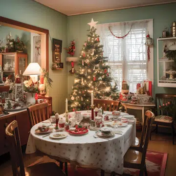 Decorated Christmas tree in a living room with table and chairs.