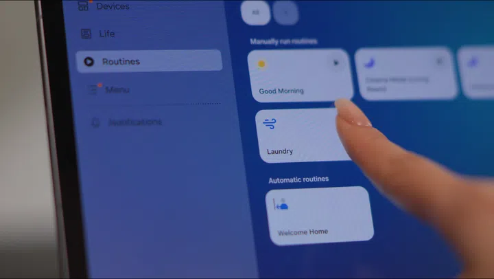A Samsung Galaxy Tab S11 functions as a dedicated, handheld room controller to manage routines, lighting, climate, and appliances.