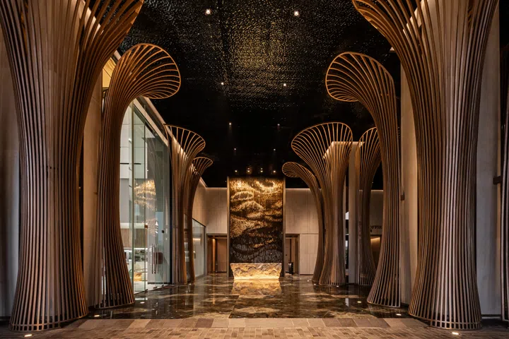 Reception Lobby in the BAIC Tower, designed by Hirsch Bedner Associates (HBA).