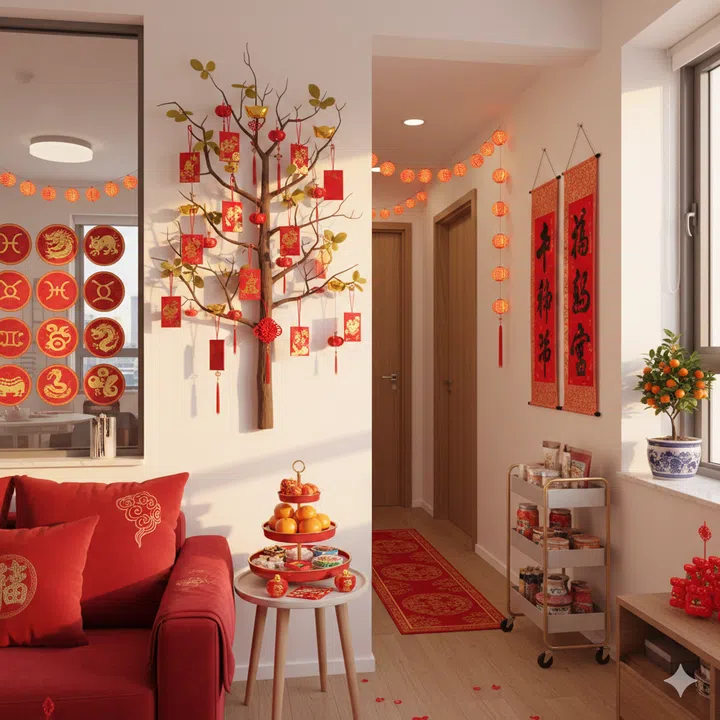 Chinese New Year decor and wall hanging scrolls in a living room and corridor aisle.