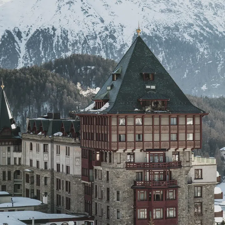 Winter facade of Badrutt’s Palace Hotel in St. Moritz, Switzerland.