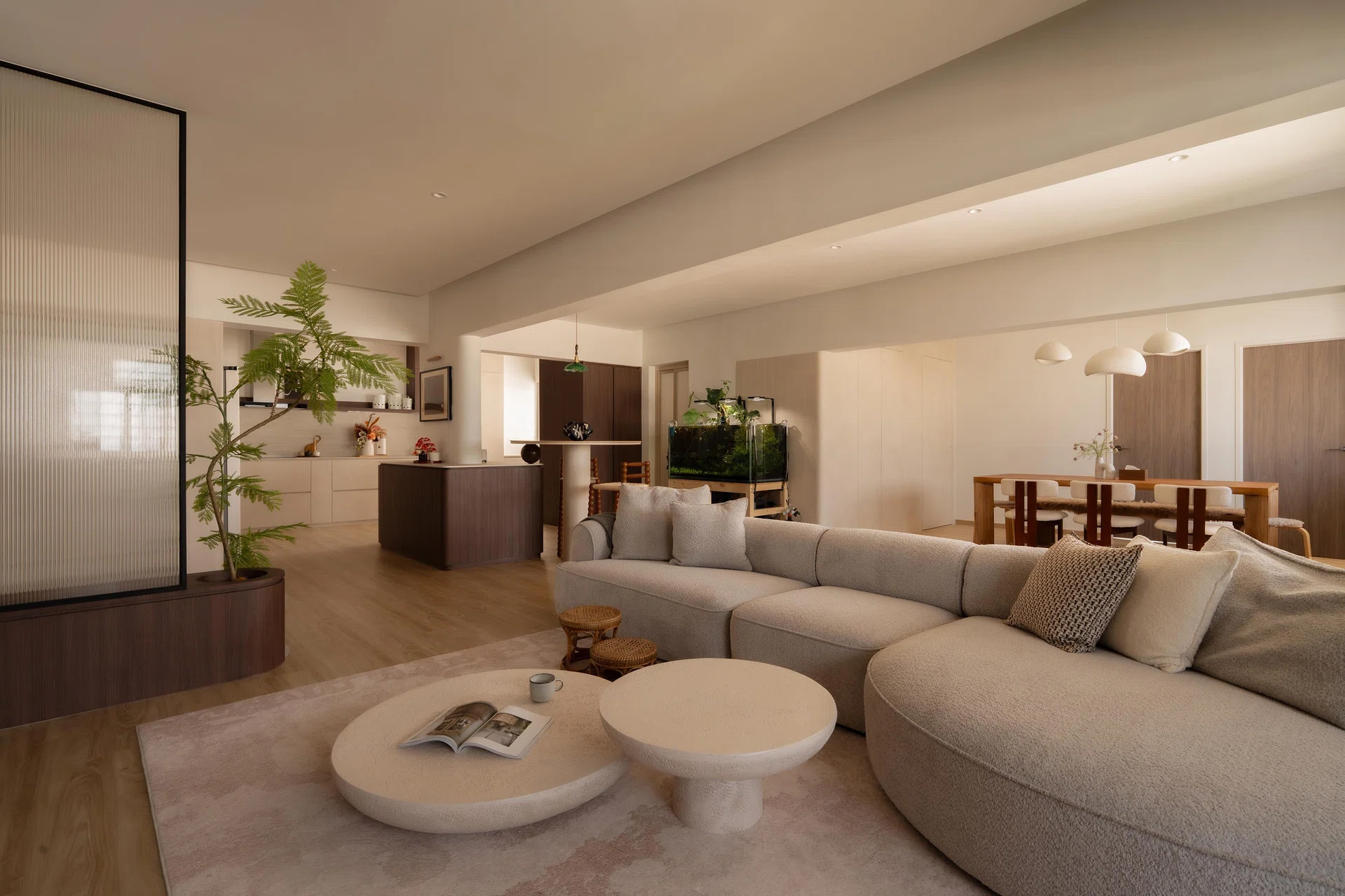 An open-plan living, dining, and kitchen layout replaces the home’s original compartmentalised plan, creating a warm, fluid space designed for everyday family life.