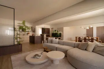 An open-plan living, dining, and kitchen layout replaces the home’s original compartmentalised plan, creating a warm, fluid space designed for everyday family life.