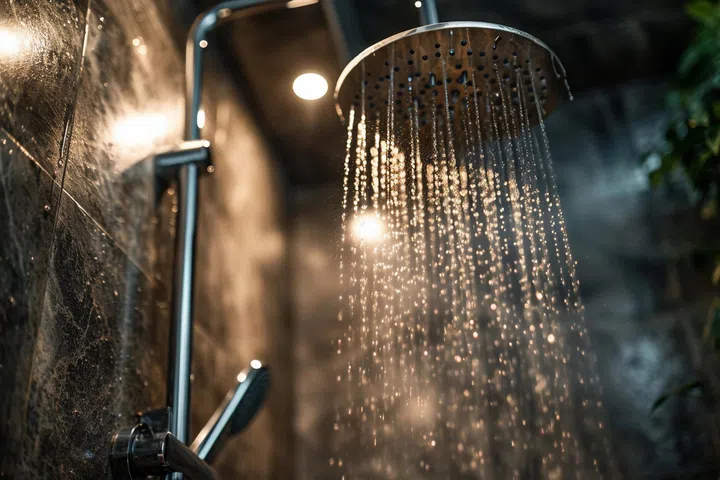 Water pours from the shower, wet shower cabin , interior of a modern bathroom