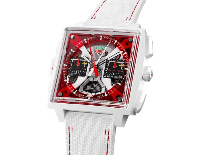 泰格豪雅摩纳哥系列双秒追针计时码表 | F1特别版, SG60, National Day, Red watches, Red and White watches
