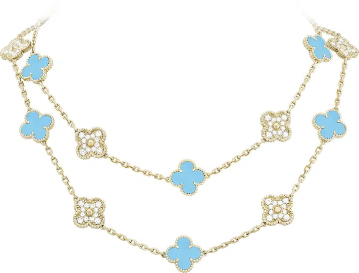 Vintage Alhambra long necklace, 20 motifs, yellow gold, turquoise, round diamonds; diamond quality DEF, IF to VVS.