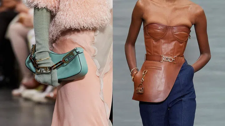 左至右：Fendi 2022秋冬新款手袋；Fendi超迷你Baguette吊饰成为服装上的点缀。