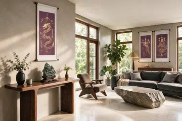 Fengshui ornaments placed on mantelpiece, around lounge area, to balance energies and usher prosperity into living spaces.