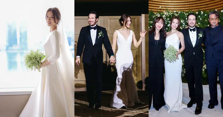 林慧玲换上三套美丽优雅的白色婚纱礼服。