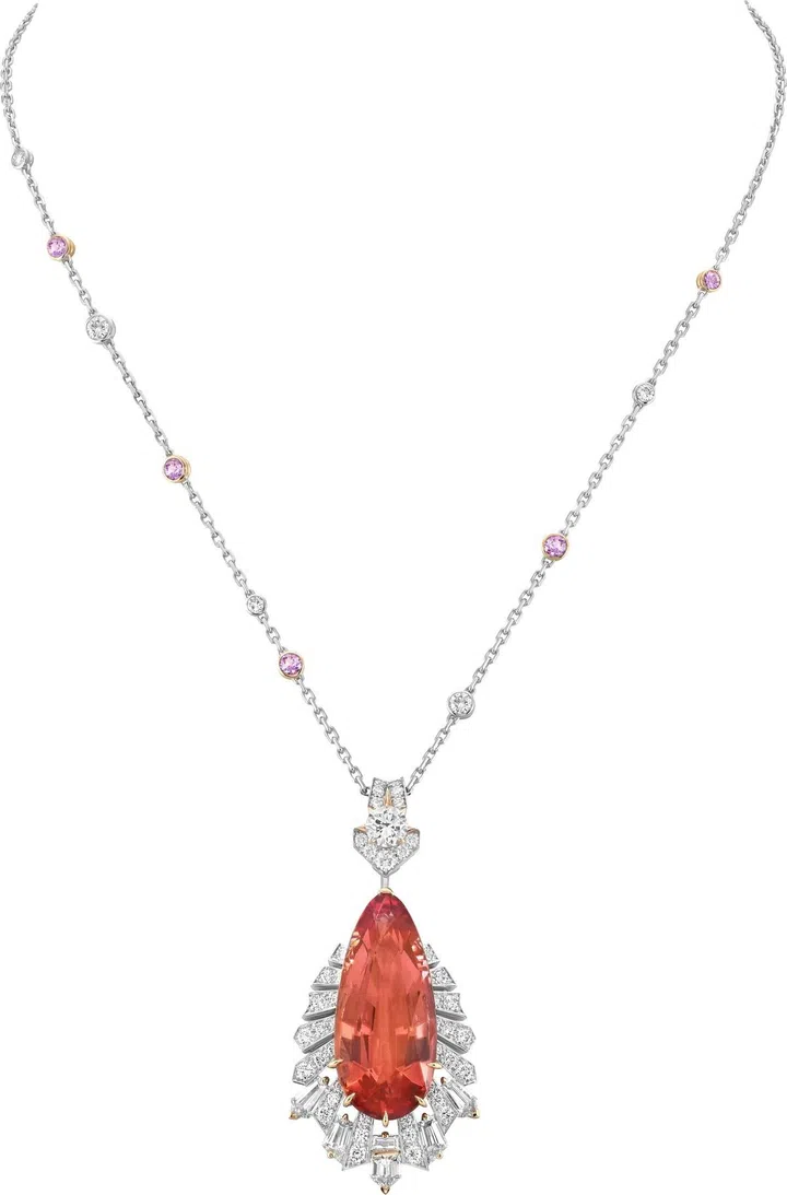 Centura necklace with detachable pendants. White gold, rose gold, one pear-shaped imperial topaz of 24.38 carats, one oval-cut pink sapphire of 3.03 carats (Mozambique),  pink sapphires, diamonds.