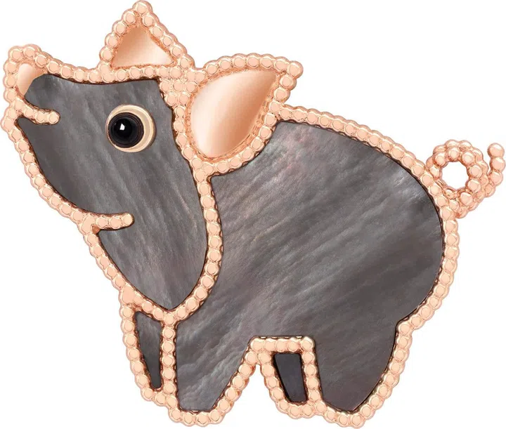 Lucky Animals Pig clip, rose gold, gray mother-of-pearl, onyx.