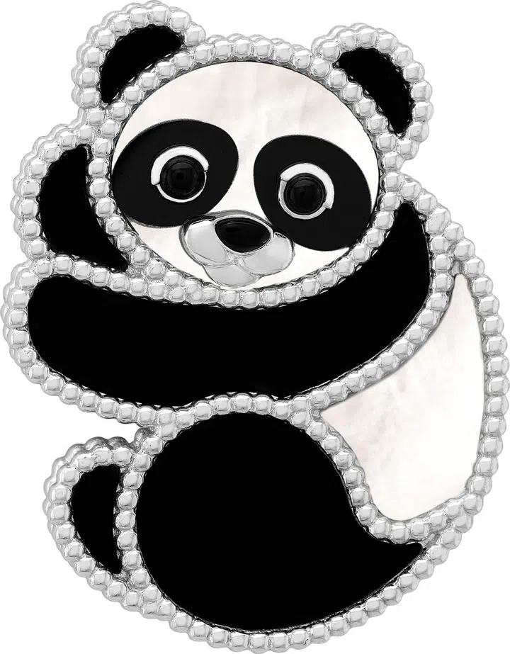 Lucky Animals Panda clip, white gold, white mother-of-pearl, onyx.