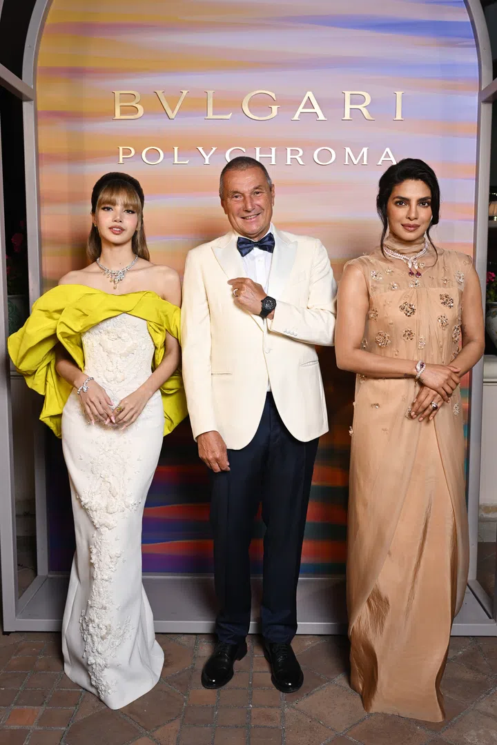 TAORMINA, ITALY - MAY 19: (L-R) Lisa, Jean-Christophe Babin and Priyanka Chopra attend the Bvlgari Polychroma High Jewelry and High- End watches Event on May 19, 2025 in Taormina, Italy. (Photo by Tullio M. Puglia/Getty Images for Bvlgari)