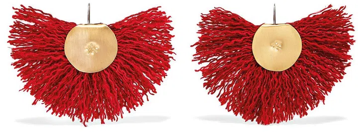Hand Fan Earrings in bronze with silver hooks with red felt. Sold as pair.