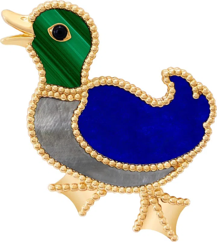Lucky Animals Duck clip, yellow gold, lapis lazuli, gray mother-of-pearl, malachite, onyx.