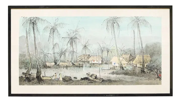 钟泗宾1974年水墨水彩画“Kampong Life”，他在1970年代愈加关注画作如何反映画家自身的情感与意态，结合水墨传统与本土文化， 创作具有南洋物质文化特征的“南洋卷轴”。