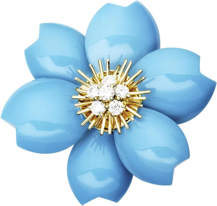 Rose de Noël clip, medium model, yellow gold, turquoise, round diamonds; diamond quality DEF, IF to VVS.