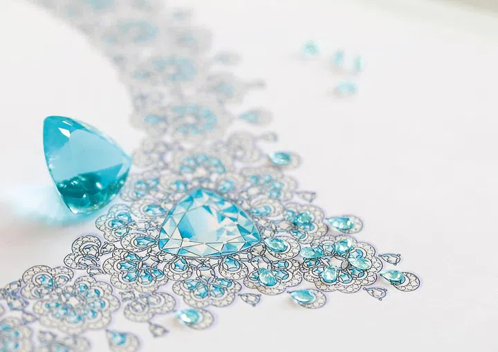 萧邦与Sotheby’s合作设计的Precious Lace帕拉伊巴碧玺高级珠宝项链。