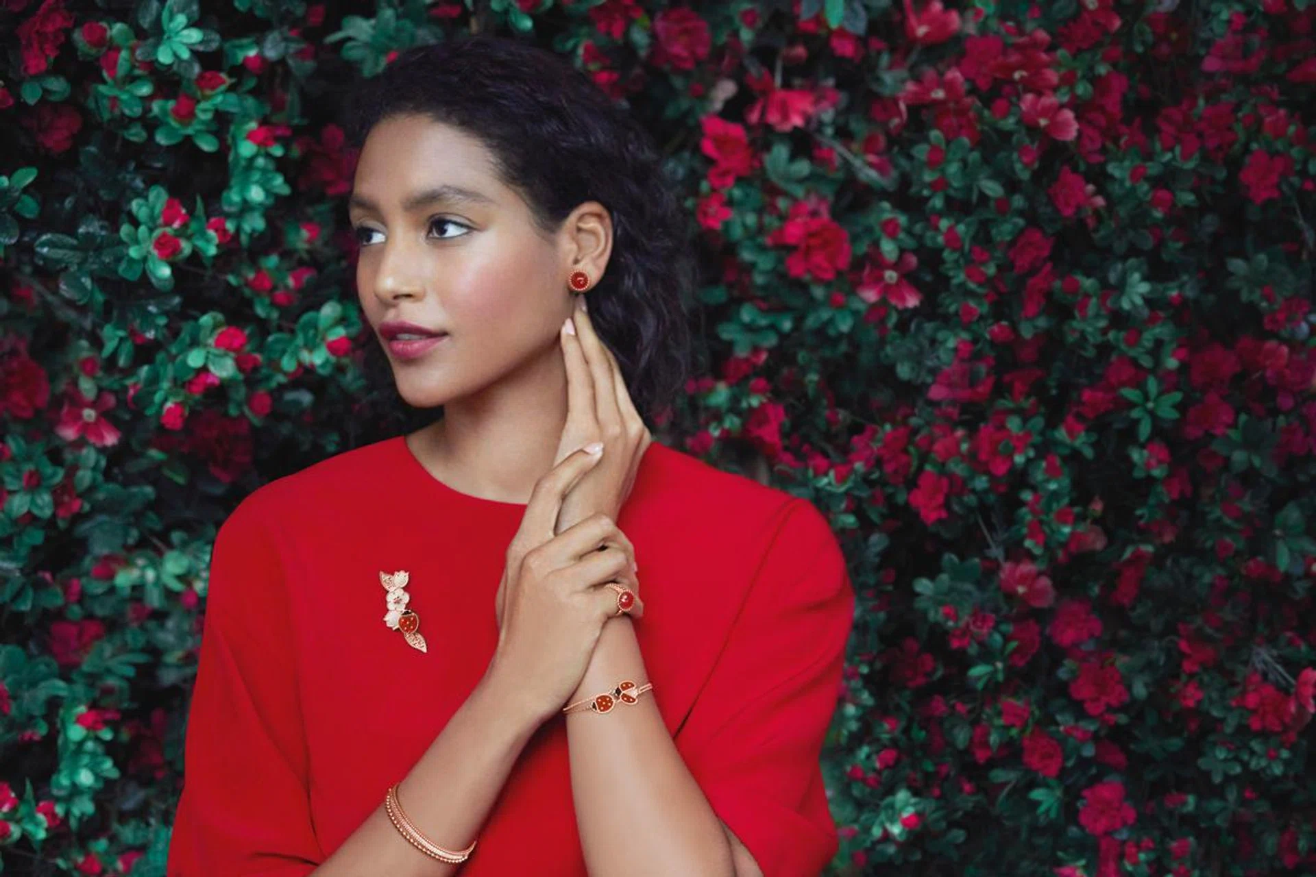 Photo by Erik Madigan Heck - Spring shooting 2021Perlée couleurs earrings, rose gold, carnelianLucky Spring clip, rose gold, white mother-of-pearl, carnelian, onyxPerlée diamonds bracelet, 3 rows, rose gold, diamondsPerlée pearls of gold bracelet, rose goldLucky Spring bracelet, open wings ladybug, rose gold, carnelian, onyxLucky Spring bracelet, closed wings ladybug, rose gold, carnelian, onyxPerlée couleurs ring, rose gold, carnelian