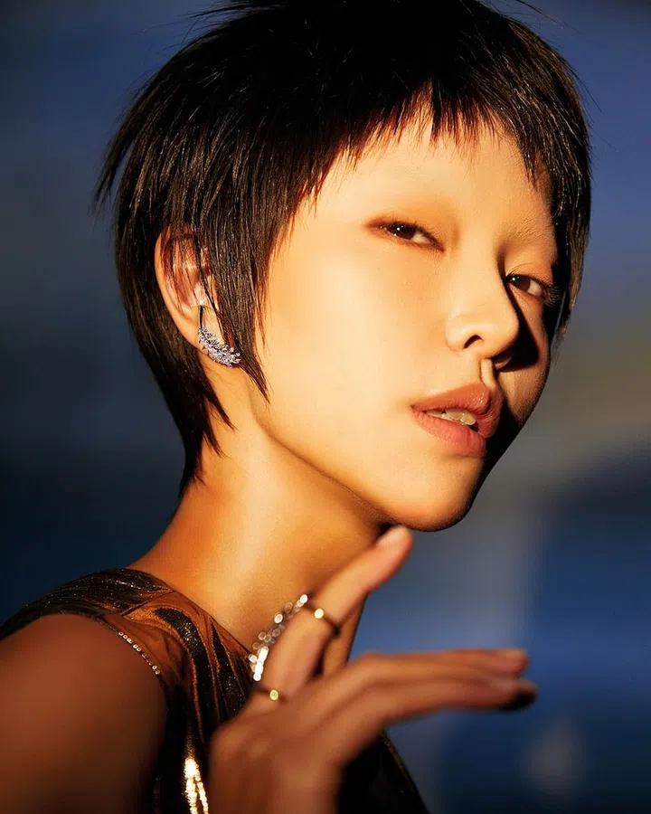 Plume de Chanel白金镶钻耳环;Plume de Chanel白金与黄金镶钻戒指/Chanel。金色拉梅面料短款上衣/Chanel。