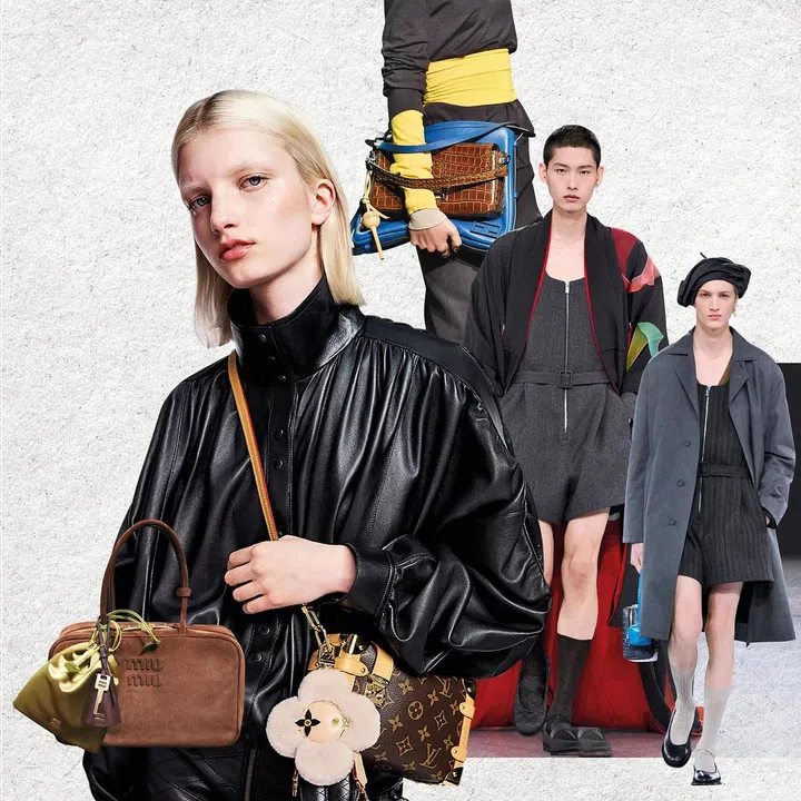 左至右：Miu Miu Beau手袋上挂满可爱的挂饰;Louis Vuitton推出“Vivienne Fashionista”时髦公仔胶囊系列; Fendi x Chupa Chups棒棒糖吊饰；Dior 2024秋冬男装以芭蕾风格为主题,呈现出性别流动的时尚美学。