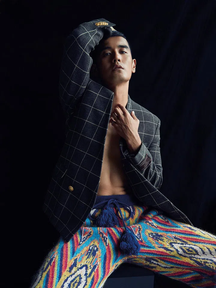 羊毛夹克、羊毛针织运动裤和戒指/Gucci。