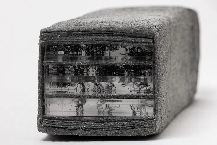 Jane Lee, nothing is, 2023, Spray paint stenciled on cement coated paper, wrapped over laser-cut acrylic and spray painted paper stacks, 10 x 37 x 10 cm © Jane Lee / STPI. Photo courtesy of the artist and STPI – Creative Workshop & Gallery, Singapore