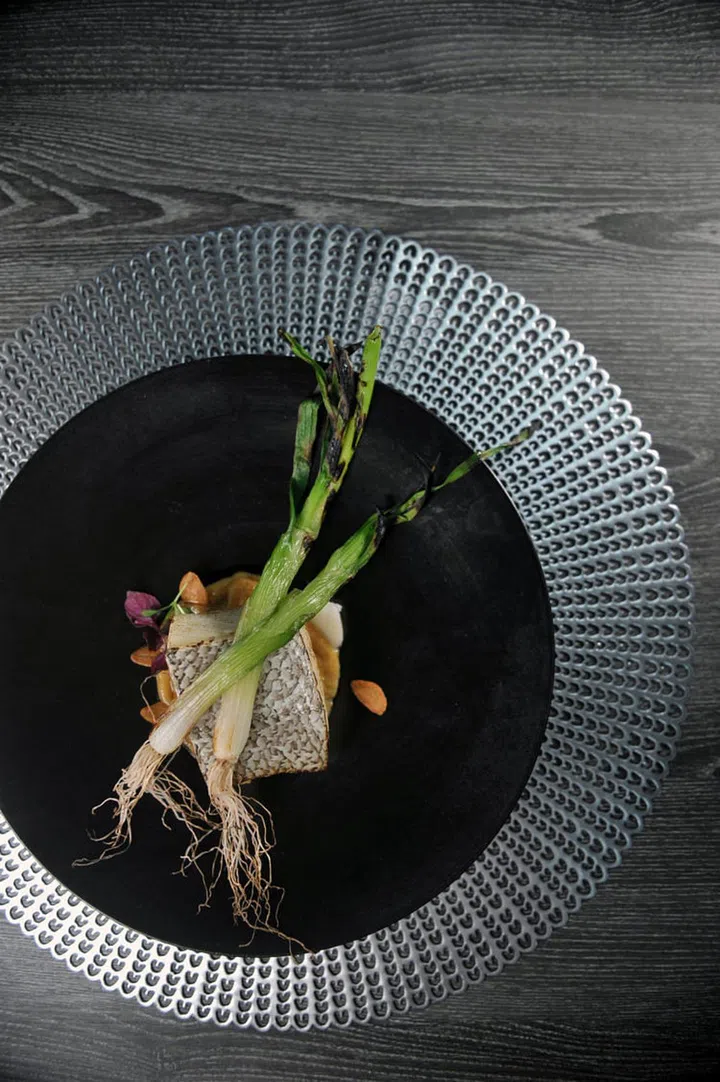 Pool Grill - Char-Grilled Black Codfish and Garlic “Llauna” Mousseline, Grilled Japanese Leek