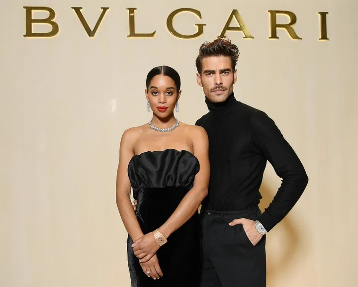 BASEL, SWITZERLAND - MARCH 21:  Laura Harrier and Jon Kortajarena attend Bvlgari Cocktail Party At Baselworld 2018 on March 21, 2018 in Basel, Switzerland.  (Photo by Venturelli/Getty Images for Bvlgari) *** Local Caption *** Laura Harrier; Jon Kortajarena
